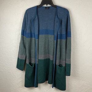 Women’s Talbots 100% Merino Wool Striped Longline Open Face Cardigan Petite Lg